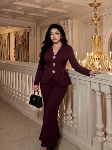 Vibekara 2pcs Set Elegant Vintage Deep Wine Red Plus Size Suit With Lapel V-Neck Ruched Asymmetrical Hem Long Blazer + Slim Fit Flare Pants For Commute, Date, Party - Burgundy - View 5