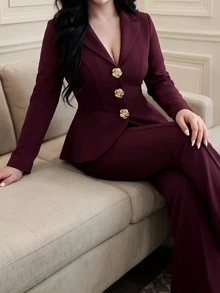 Vibekara 2pcs Set Elegant Vintage Deep Wine Red Plus Size Suit With Lapel V-Neck Ruched Asymmetrical Hem Long Blazer + Slim Fit Flare Pants For Commute, Date, Party - Burgundy - View 8