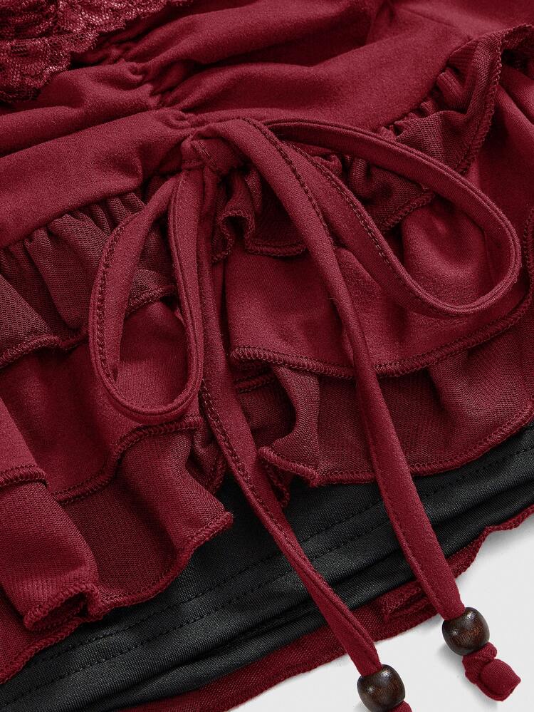 ROMWE Grunge Punk Women Spring Summer Low-Waist Lace Trim Layered Ruffle Tie-Up Asymmetric Ruched Red Mini Skirt - Red - View 4