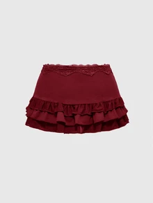 ROMWE Grunge Punk Women Spring Summer Low-Waist Lace Trim Layered Ruffle Tie-Up Asymmetric Ruched Red Mini Skirt - Red - View 2