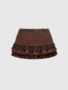 ROMWE Grunge Punk Women Spring Summer Vintage Style Sexy Low-Waist Lace Trim Layered Ruffle Tie-Up Asymmetric Ruched Brown Mini Skirt - Brown - View 2