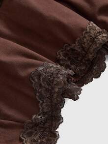 ROMWE Grunge Punk Women Spring Summer Vintage Style Sexy Low-Waist Lace Trim Layered Ruffle Tie-Up Asymmetric Ruched Brown Mini Skirt - Brown - View 3