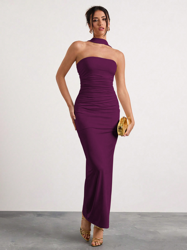 Glamine Purple Halter Ribbon Strapless Ruched Bodycon Dress,Slim Elegant Long Evening Gown For Wedding Guest,Date Dinner,Birthday Party,Fall Night Out - Red Violet - View 3