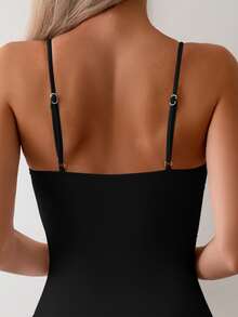Swim Basics Ladies' Solid Color Simple Daily Wear One-Piece Camisole Summer - Black - View 5