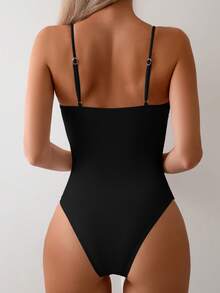 Swim Basics Ladies' Solid Color Simple Daily Wear One-Piece Camisole Summer - Black - View 2