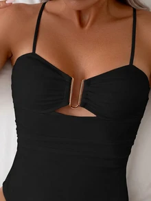 Swim Basics Ladies' Solid Color Simple Daily Wear One-Piece Camisole Summer - Black - View 3