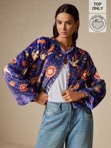 LOTSLUV Women's Winter Elegant Commute, Navy Blue Star Moon Deer And Other Mythological Print, Fur Print Coat - Multicolor - View 1