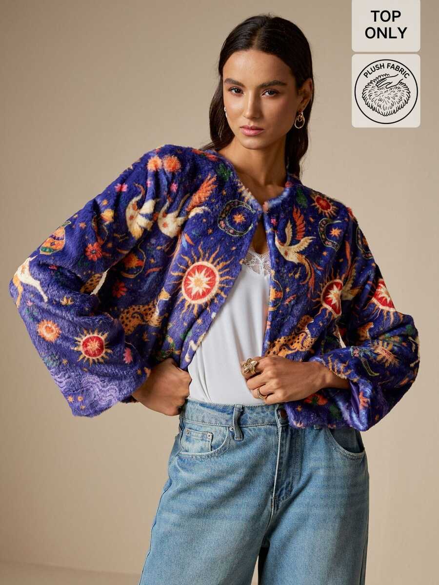 LOTSLUV Women's Winter Elegant Commute, Navy Blue Star Moon Deer And Other Mythological Print, Fur Print Coat - Multicolor - View 1