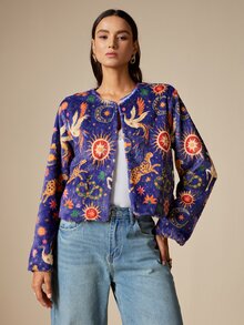 LOTSLUV Women's Winter Elegant Commute, Navy Blue Star Moon Deer And Other Mythological Print, Fur Print Coat - Multicolor - View 4
