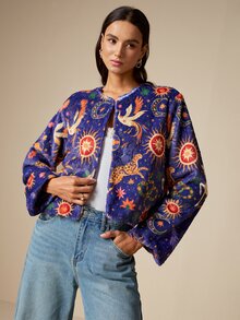LOTSLUV Women's Winter Elegant Commute, Navy Blue Star Moon Deer And Other Mythological Print, Fur Print Coat - Multicolor - View 3