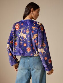 LOTSLUV Women's Winter Elegant Commute, Navy Blue Star Moon Deer And Other Mythological Print, Fur Print Coat - Multicolor - View 2