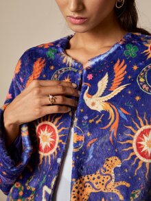 LOTSLUV Women's Winter Elegant Commute, Navy Blue Star Moon Deer And Other Mythological Print, Fur Print Coat - Multicolor - View 5