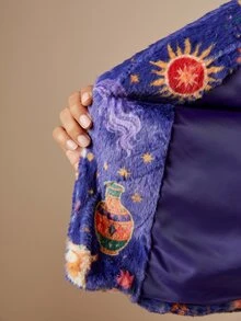 LOTSLUV Women's Winter Elegant Commute, Navy Blue Star Moon Deer And Other Mythological Print, Fur Print Coat - Multicolor - View 9