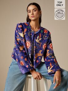LOTSLUV Women's Winter Elegant Commute, Navy Blue Star Moon Deer And Other Mythological Print, Fur Print Coat - Multicolor - View 7