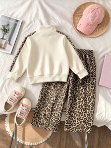 2pcs Baby Girls Sweatshirt Wide Leg Pants Sweet Cream Leopard Print Bow Long Sleeve Quarter Zip Mock Neck Regular Birthday Party Fall Fall Holiday Set - Multicolor - View 2
