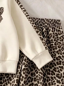 2pcs Baby Girls Sweatshirt Wide Leg Pants Sweet Cream Leopard Print Bow Long Sleeve Quarter Zip Mock Neck Regular Birthday Party Fall Fall Holiday Set - Multicolor - View 6