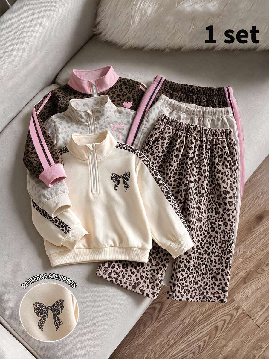 2pcs Baby Girls Sweatshirt Wide Leg Pants Sweet Cream Leopard Print Bow Long Sleeve Quarter Zip Mock Neck Regular Birthday Party Fall Fall Holiday Set - Multicolor - View 1