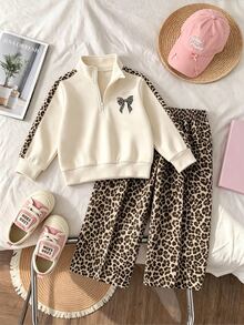 2pcs Baby Girls Sweatshirt Wide Leg Pants Sweet Cream Leopard Print Bow Long Sleeve Quarter Zip Mock Neck Regular Birthday Party Fall Fall Holiday Set - Multicolor - View 7