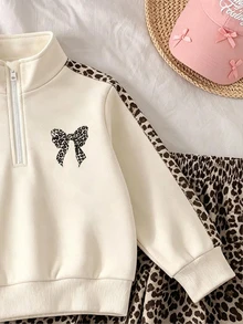 2pcs Baby Girls Sweatshirt Wide Leg Pants Sweet Cream Leopard Print Bow Long Sleeve Quarter Zip Mock Neck Regular Birthday Party Fall Fall Holiday Set - Multicolor - View 5