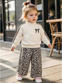 2pcs Baby Girls Sweatshirt Wide Leg Pants Sweet Cream Leopard Print Bow Long Sleeve Quarter Zip Mock Neck Regular Birthday Party Fall Fall Holiday Set - Multicolor - View 9