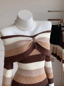 Elamini Women's Autumn/Winter Striped Off-Shoulder Multi-Color Gradient Button Design Atmospheric Versatile Casual Holiday Cute Knit Sweater - Brown - View 2