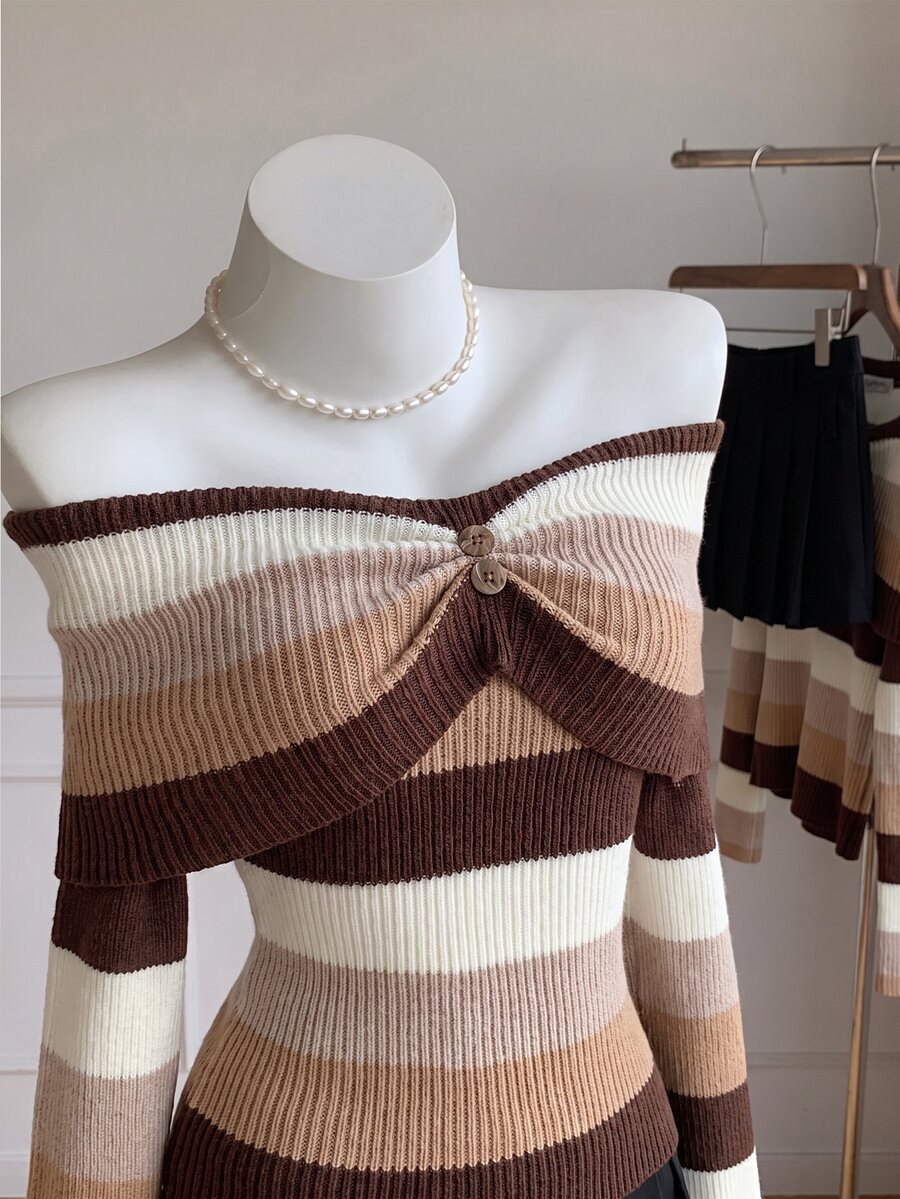 Elamini Women's Autumn/Winter Striped Off-Shoulder Multi-Color Gradient Button Design Atmospheric Versatile Casual Holiday Cute Knit Sweater