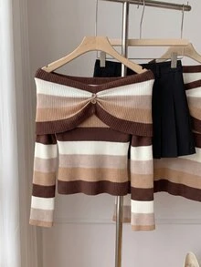 Elamini Women's Autumn/Winter Striped Off-Shoulder Multi-Color Gradient Button Design Atmospheric Versatile Casual Holiday Cute Knit Sweater - Brown - View 4