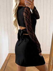 SHEIN EZwear 黑色針織女款對比蕾絲長袖後綁帶迷你洋裝 - 黑色 - 查看 1