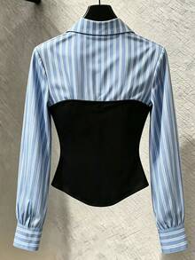 Franclia Women's Patchwork Striped Collar Long Sleeve Casual 2 In 1 T-Shirt - Multicolor - View 3