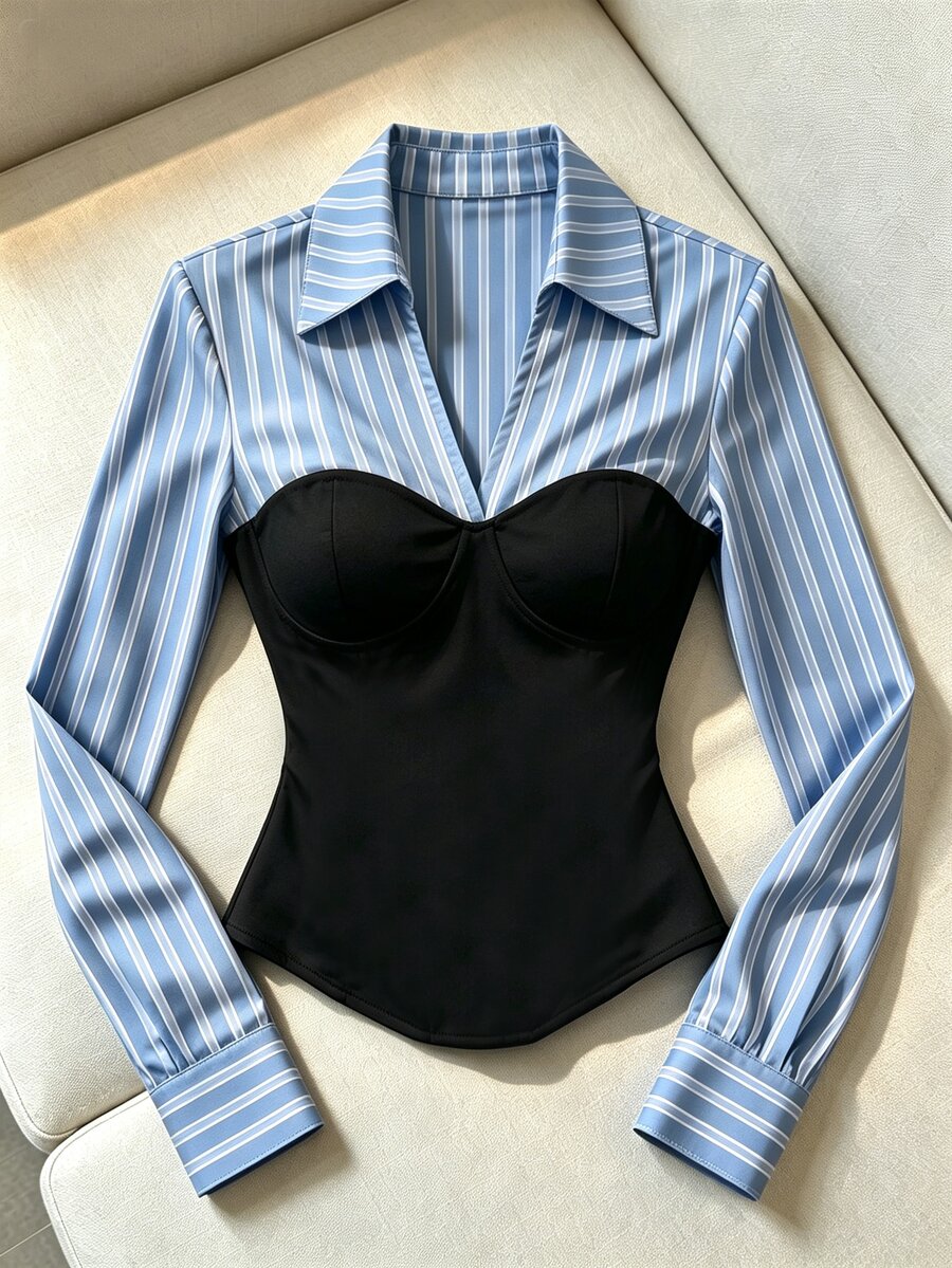 Franclia Women's Patchwork Striped Collar Long Sleeve Casual 2 In 1 T-Shirt