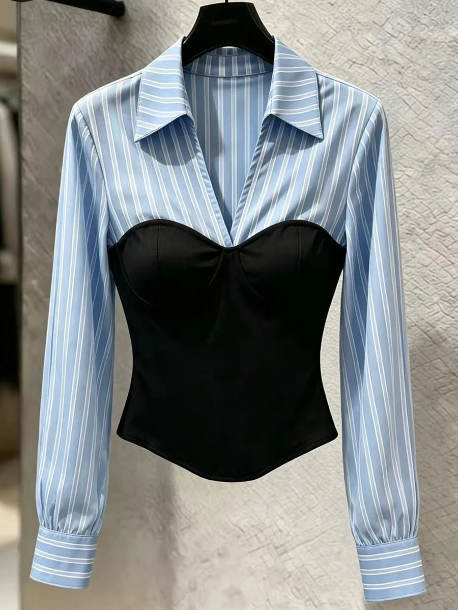 Franclia Women's Patchwork Striped Collar Long Sleeve Casual 2 In 1 T-Shirt
