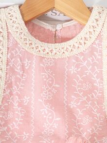 Souflis Souflis 2pcs/Set Young Girl' Sweet Faux Embroidered Flutter Sleeve Top And Shorts Princess Outfit, Spring/Summer - Pink - View 5