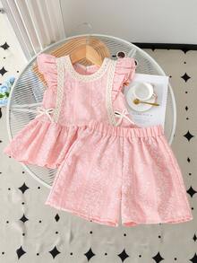 Souflis Souflis 2pcs/Set Young Girl' Sweet Faux Embroidered Flutter Sleeve Top And Shorts Princess Outfit, Spring/Summer - Pink - View 2
