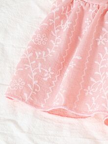 Souflis Souflis 2pcs/Set Young Girl' Sweet Faux Embroidered Flutter Sleeve Top And Shorts Princess Outfit, Spring/Summer - Pink - View 8