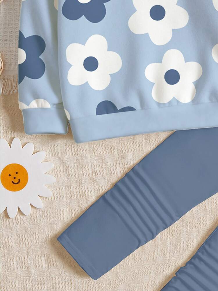 Young Girl Cute Textured Polka Dot & Floral Pattern, Hazy Blue Colorway, Crew Neck Sweatshirt & Elastic Waist Long Pants Set, Suitable For Autumn/Winter, Girls Outfit Sets, Chill, Kawaii, Cozy Fall & Winter Styles - Multicolor - View 7