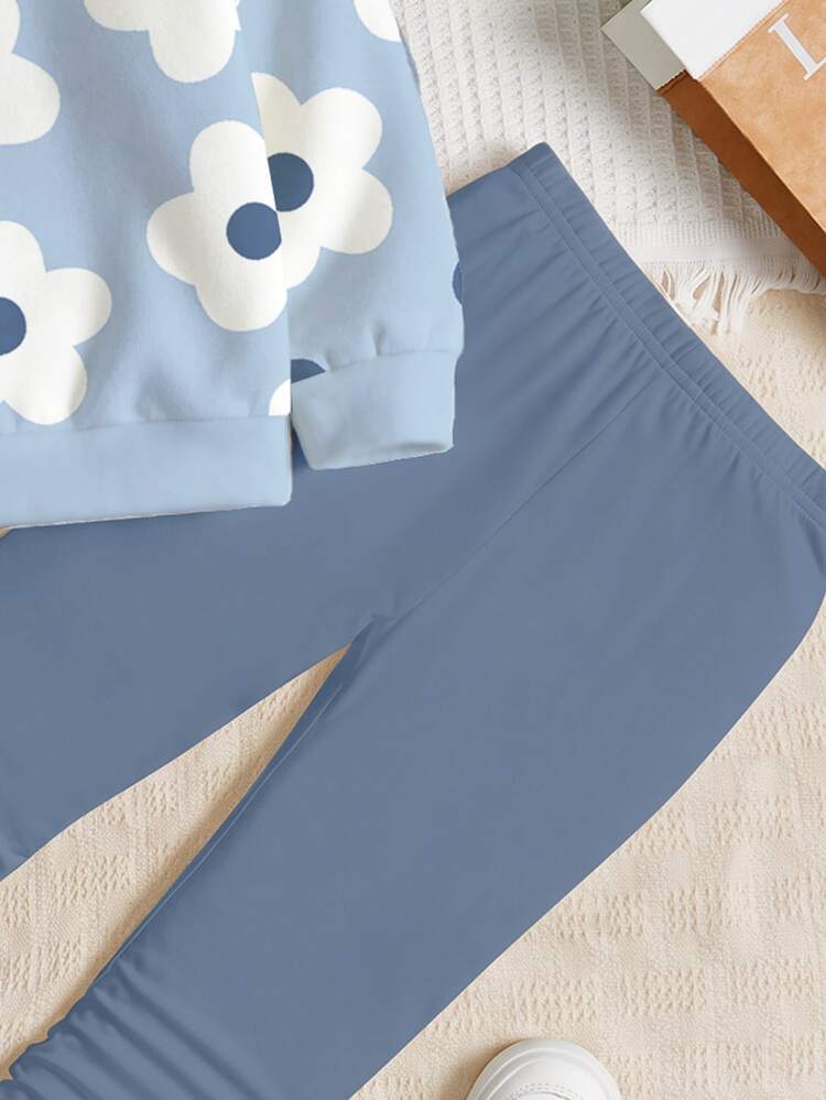 Young Girl Cute Textured Polka Dot & Floral Pattern, Hazy Blue Colorway, Crew Neck Sweatshirt & Elastic Waist Long Pants Set, Suitable For Autumn/Winter, Girls Outfit Sets, Chill, Kawaii, Cozy Fall & Winter Styles - Multicolor - View 4