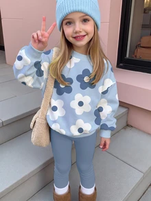Young Girl Cute Textured Polka Dot & Floral Pattern, Hazy Blue Colorway, Crew Neck Sweatshirt & Elastic Waist Long Pants Set, Suitable For Autumn/Winter, Girls Outfit Sets, Chill, Kawaii, Cozy Fall & Winter Styles - Multicolor - View 2