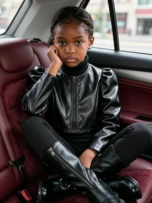Elladie kids Young Girls Black Solid Color PU Leather Jacket, Short Casual Jacket, Cool Street Style Sports Riding PU Zipper Jacket, Black Versatile Outerwear. - Black - View 8