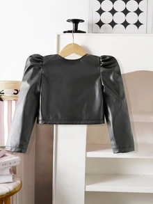 Elladie kids Young Girls Black Solid Color PU Leather Jacket, Short Casual Jacket, Cool Street Style Sports Riding PU Zipper Jacket, Black Versatile Outerwear. - Black - View 9