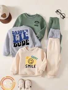 SHEIN 中性嬰兒男/女童 3套組 秋冬保暖內裡加厚可愛運動衫套裝，嬰兒男童冬季套裝，運動服，街頭風 - 彩色 - 查看 4