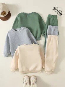 SHEIN 中性嬰兒男/女童 3套組 秋冬保暖內裡加厚可愛運動衫套裝，嬰兒男童冬季套裝，運動服，街頭風 - 彩色 - 查看 2