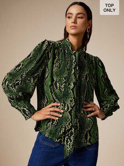 LOTSLUV Women's Autumn Green Faux Animal Print Tie Neck Long Sleeve Loose Blouse