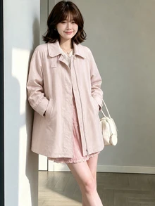 Tideelle Mantel trench longgar dengan kerah tinggi, kain jatuh yang halus, penutup resleting dan kancing tunggal, desain bahu jatuh, cocok untuk berbagai tipe tubuh, sesuai untuk pakaian kasual dan bepergian, warna pink dengan saturasi rendah, lembut dan cerah, gaya minimalis. - Baby Pink - View 5
