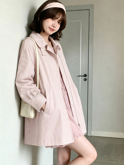 Tideelle Palton tip trench cu croială largă, revers, din material cu cădere fluidă, închegat cu fermoar și un singur nasture, design cu umeri lăsați, avantajos pentru diverse tipuri de corp, potrivit pentru casual și navetă, nuanță roz de saturație scăzută, moale și luminos, stil minimalist