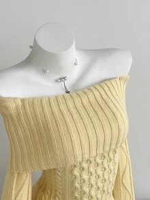 Elamini Women's Autumn/Winter Off-Shoulder Striped Cable Knit Large Collar Slim Fit Versatile Sweet Vibe Knit Sweater - Light Yellow - View 9