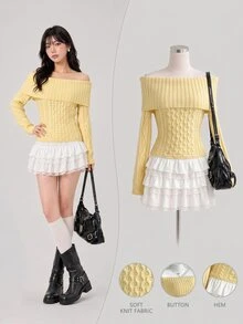 Elamini Women's Autumn/Winter Off-Shoulder Striped Cable Knit Large Collar Slim Fit Versatile Sweet Vibe Knit Sweater - Light Yellow - View 6