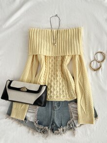 Elamini Women's Autumn/Winter Off-Shoulder Striped Cable Knit Large Collar Slim Fit Versatile Sweet Vibe Knit Sweater - Light Yellow - View 7