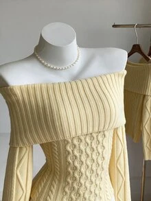 Elamini Women's Autumn/Winter Off-Shoulder Striped Cable Knit Large Collar Slim Fit Versatile Sweet Vibe Knit Sweater - Light Yellow - View 4