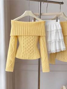 Elamini Women's Autumn/Winter Off-Shoulder Striped Cable Knit Large Collar Slim Fit Versatile Sweet Vibe Knit Sweater - Light Yellow - View 2