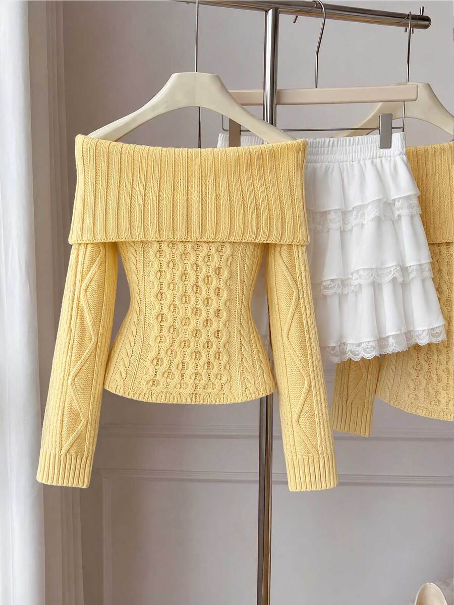Elamini Women's Autumn/Winter Off-Shoulder Striped Cable Knit Large Collar Slim Fit Versatile Sweet Vibe Knit Sweater